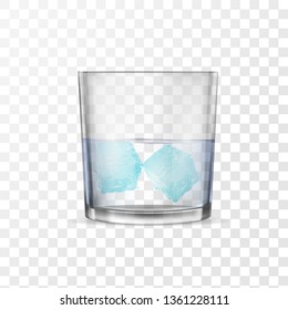 Glass with alcohol or water and two ice cubes. Realistic banners with transparent glasses cup