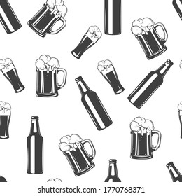 Glass with alcoholic beverage and foam, beer bottles seamless pattern. Brewery and craft lager, pub or bar assortment background or print for menu in drinking establishment. Vector in flat style