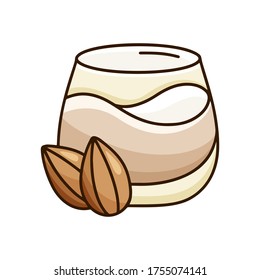 Glass of almond milk with nuts. Color hand drawn emblem for vegan nutty drink, alternative of dairy product. Doodle vector illustration. Cartoon clipart for label design of natural vegetable cocktail