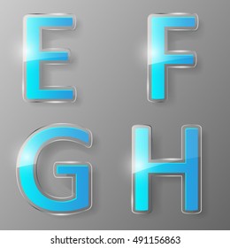 Glass alphabet with blue inserts. Part 2, letters E, F, G, H.  Vector illustration.