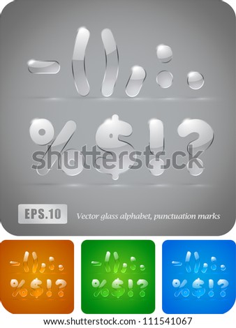Glass alphabet, punctuation marks. Vector Eps 10. The rest of uppercase and lowercase letters, symbols and numbers of the alphabet in my portfolio.