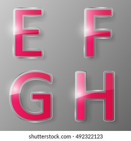 Glass alphabet with red inserts. Part 2, letters E, F, G, H. Vector illustration.