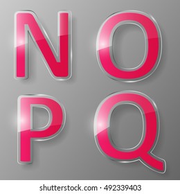 Glass alphabet with red inserts. Part 4, letters N, O, P, Q. Vector illustration.