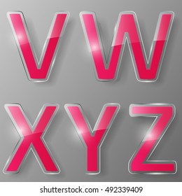 Glass alphabet with red inserts. Part 6, letters V, W, X, Y, Z. Vector illustration.