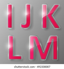 Glass alphabet with red inserts.Part 3, letters I, J, K, L, M. Vector illustration.