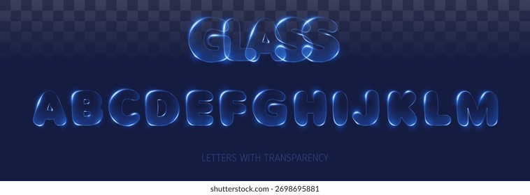 Conjunto de alfabeto de vidrio Ilustración vectorial. Letras brillantes transparentes del abc en fondo oscuro.