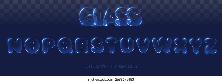 Ilustração vetorial do conjunto de alfabetos em vidro. Letras abc brilhantes transparentes sobre fundo escuro.