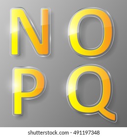 Glass alphabet with yellow inserts. Part 4, letters N, O, P, Q. Vector illustration.