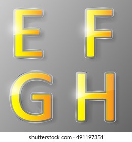 Glass alphabet with yellow inserts. Part 2, letters E, F, G, H.  Vector illustration.