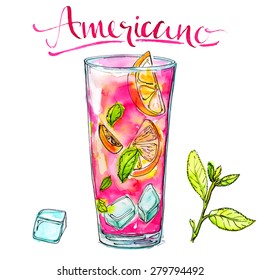 Glass of americano cocktail with mint, orange and ice. Watercolor vector illustration of alcohol drink.