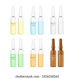 Glass ampoule with beauty face serum treatment. Skin care cosmetic trendy packaging vector template isolated on white background. Healthy skin liquid colorful concentrate in transparent bottles.