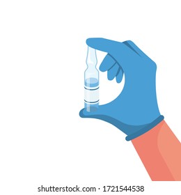 Glass ampoule holding in hand. Vaccine at doctor. Medical equipment and drugs. Antidote for the flu. Vector illustration flat design. Isolated on white background. Template for vaccination.