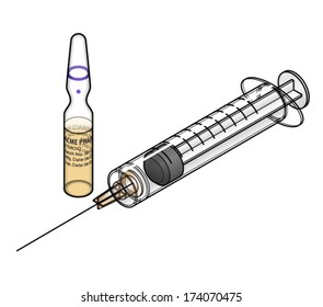 A glass ampoule of medication/steroid/vaccine with a syringe.