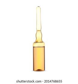 Glass ampule. Medicine vaccine ampoule, drug phial. Serum dose injection container, realistic antibiotic vial. Pharmacology packaging treatment, virus protective antidote