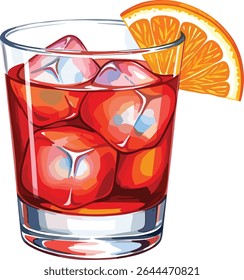 Glass of Aperol Spritz with ice cubes, orange slice. Watercolor sticker with white border isolated on transparent background. Classic Italian cocktail illustration for design and print.