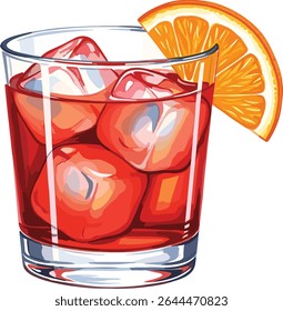 Vidro de Aperol Spritz com cubos de gelo, fatia laranja. Adesivo de aquarela com borda branca isolada em fundo transparente. Ilustração de coquetel italiano clássico para design e impressão.
