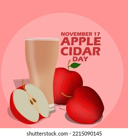 Un vaso de sidra de manzana con manzanas frescas y texto en negrita en un fondo rosado para celebrar el Día de la sidra de Apple el 18 de noviembre