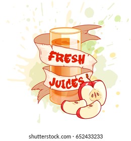 A glass of apple drink. Vector illustration on a white background with splashes of juice.