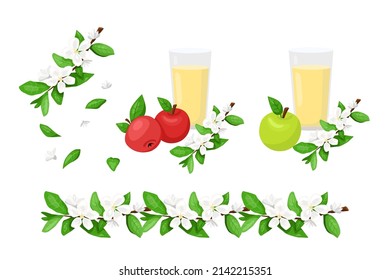 Glass of apple juice and blossom branch clipart. Set of white flowers branch elements and apple beverage vignettes. Vector illustration