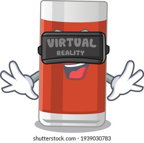 Glass of apple juice cartoon image play a game with Virtual Reality headset. Vector illustration