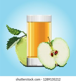 A glass of apple juice with half an apple in front of it and a whole apple behind it. Light blue gradient background. Pixel art.