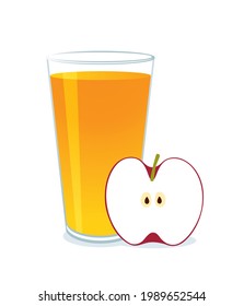 Glass of apple juice and half of apple on white background.