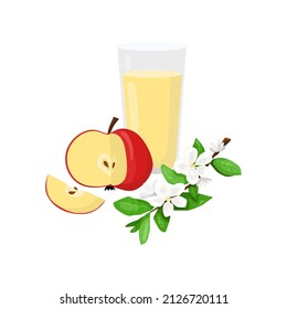 Glass of apple juice with sliced red apple and apple tree branch. Vector flat illustration of fresh apple juice elements for package design, healthy lifestyle