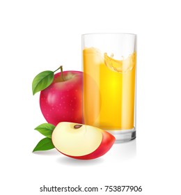 Glass of apple juice with slices of red apple realistic vector illustration isolated.