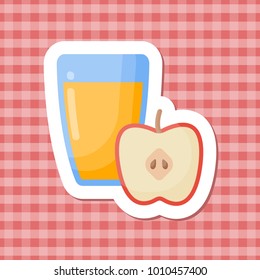 Glass of apple juice vector flat icon, Flat design of breakfast drink, food ingredient or organic food object sticker isolated on the plaid background, cute vector illustration