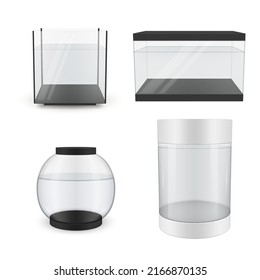 Glass aquarium different shape collection realistic template vector illustration. Transparent fishbowl square rectangle tube sphere with water fish swimming decorative design. Aquatic pet container