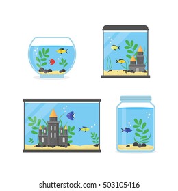 Glass Aquarium Set  Different Form for Interior Home. Vector Flat Cartoon Icon Set of Fish and blue water. Transparent glass empty glass isolated on white background