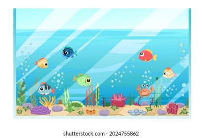 Glass aquarium. Tropical fish. Underwater life. Wild animals. Summer water. Illustration in cartoon style. Flat design. Vector art