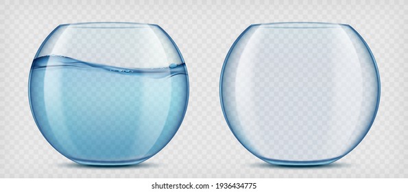Glass aquariums with water and empty. Mockup isolated on transparent background. Vector template