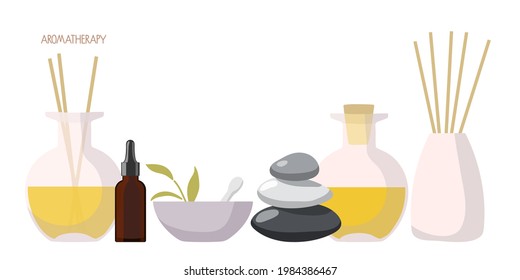 Difusor de Aroma de Vidrio con líquido amarillo, aceite esencial en botella, balancear piedras, difusor con palos, mortero con almirez para wellness, belleza, EPA, salud Homeopatía en blanco. Grupo de terapia antirretroviral