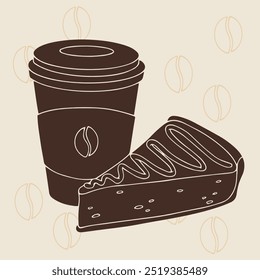 A glass of aromatic morning coffee with a piece of pie, cake. Vector graphics.