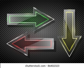 Glass arrows on black background. Vector illustration.