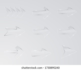 Glass arrows on gray background.Vector set of realistic isolated glass arrows for decoration and covering.