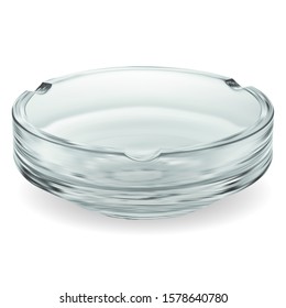 Glass Ashtray. Empty Transparent Bowl For Cigarette Tobacco Ash. Smoker Trash Tray Illustration Closeup, Isolated On White Background