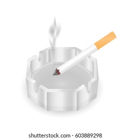 Glass ashtray with smoking cigarette. Vector illustration.