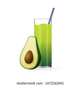 A glass of avocado juice. Smoothies. Half avocado with bone. Isolated on a white background. Vector illustration.