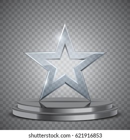 Glass Award In The Form Of Star On Podium, Vector Trophy Illustration