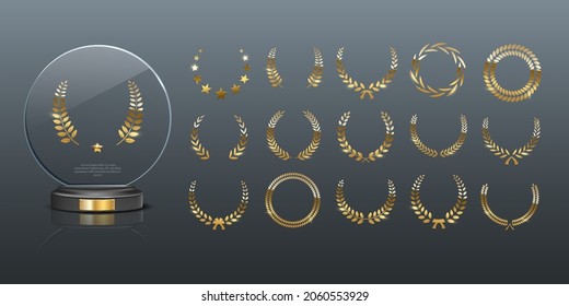 Glass Award With Gold Laurel Wreath Vector Illustration. 3d Realistic Acrylic Or Crystal Mockup Prize For Winner Champion Of Circle Shape With Different Branches Of Laurel Leaves On Black Background