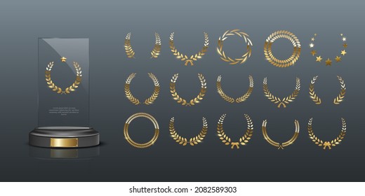 Glass Award With Gold Laurel Wreath Vector Illustration. 3d Realistic Acrylic Or Crystal Mockup Prize For Winner Champion With Different Branches Of Laurel Leaves On Black Background