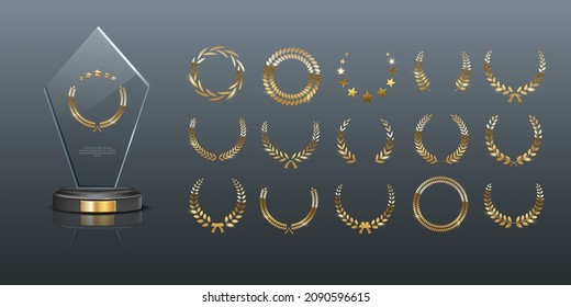 Glass Award With Gold Laurel Wreath Vector Illustration. 3d Realistic Acrylic Or Crystal Mockup Prize For Winner Champion With Different Branches Of Laurel Leaves On Black Background