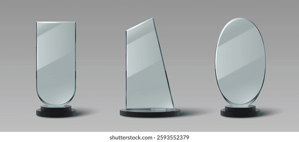 Glass award mockups set isolated on background. Vector realistic illustration of abstract shape transparent plastic or acrylic prize, light reflection on blank surface, competition winner trophy
