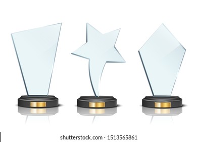 Glass Award Realistic Vector Illustration. Crystal Prize With Blank Golden Plank 3D Isolated Clipart On White Background. Achievement And Success. Competition Winner Reward. Trophy Design Element