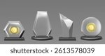 Glass award set with gold medal in center - hexagon, circle and irregular shapes. Transparent trophies on black pedestals. First place prize or winner cup. Champion rewards and achievement symbols.