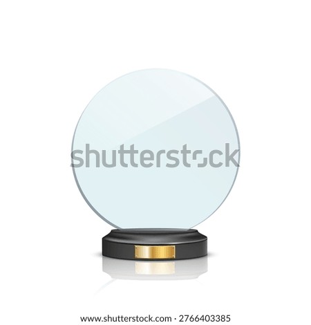 Glass award trophy. Circle crystal winner prize. Acrylic winner cup. Realistic vector illustration of trophy for sport competition, business achievement, recognition, celebration ceremony.