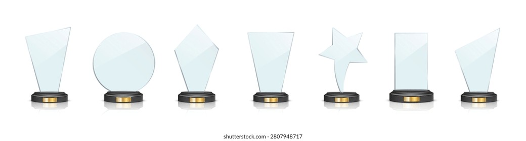 Glass award trophy set. Crystal winner prizes. Acrylic winner cups. Realistic vector illustration collection of trophy for sport competition, business achievement, recognition, celebration ceremony.