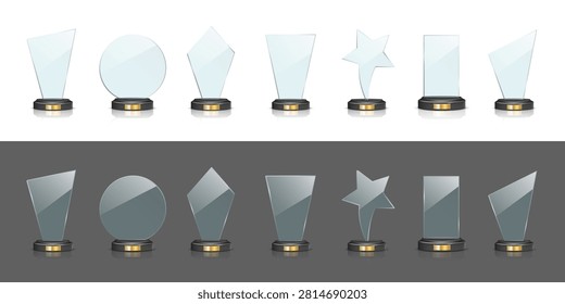 Glass award trophy set. Crystal winner prizes. Acrylic winner cups. Realistic vector illustration collection of trophy for sport competition, business achievement, recognition, celebration ceremony.